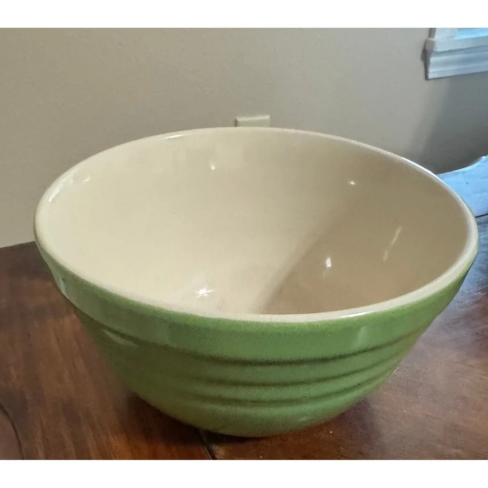 Cooks Tools Ceramic Mixing Bowl Green Ribbed Stoneware Farmhouse Kitchen Decor